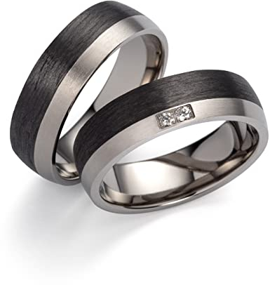 Schmuck Depot Paar Eheringe Verlobungsringe Trauringe Titan Carbonringe mit 2 Diamanten (0,030 ct w/si) Partnerringe Antragsringe für sie und ihn Hochzeitsring (Gravur/Etui) 3846
