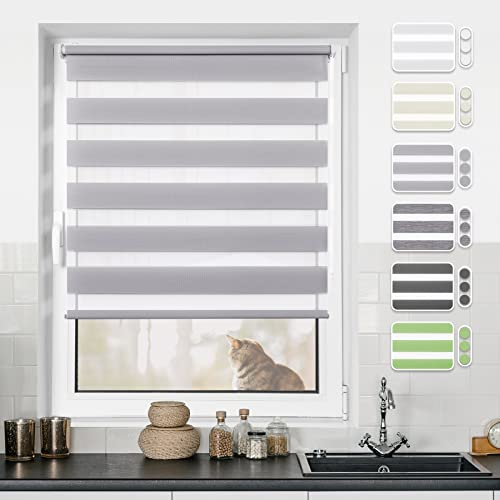 Doppelrollo klemmfix ohne Bohren Duo Rollo Grau 110x220cm(BxH)-Stoffbreite 106cm Fensterrollo Klemmrollo Springrollo Rollos für Fenster ohne & mit Bohren