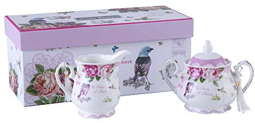 London Boutique Service à thé en porcelaine avec sucrier et pot à crème vintage style shabby chic avec coffret cadeau Motif rose et papillon rose