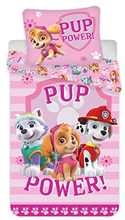 Paw Patrol Bettwäsche-Set, Bettbezug 140x200 + Kissenbezug 65x65 cm, Baumwolle, Rosa, Marshall, Skye und Everest
