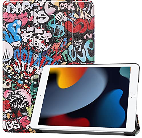 LCHDA Étui de protection pour iPad 9ème génération 2021 (10.2 pouces),Ultra fin et léger,En cuir synthétique,Avec fonction de mise en veille/réveil automatique,Graffiti