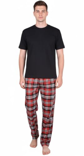 Gaffer Pajamas Set, Men's Cotton Lounge Pants with Check Design and Short Sleeve T-Shirt, Size S, M, L, XL, 2XL