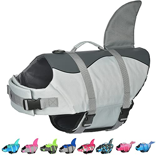 Dogcheer Giubbotto di salvataggio per cani, con squalo, regolabile, per nuotare in barca, con galleggiabilità superiore e maniglia di salvataggio, gilet di galleggiamento per animali domestici in