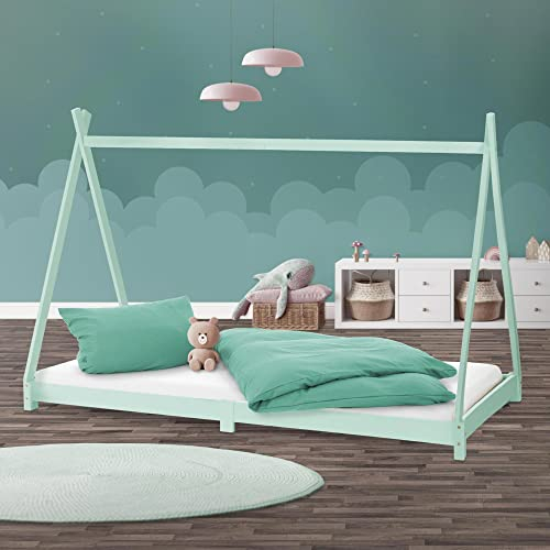 ML-Design Kinderbett Tipi 90 x 200 cm mit Lattenrost, Mint, aus Kiefernholz, Indianer Bett, Hausbett für Mädchen und Jungen, Bodenbett Kinderhaus Jugendbett Holzbett Bettenhaus Spielbett Zelt Holz