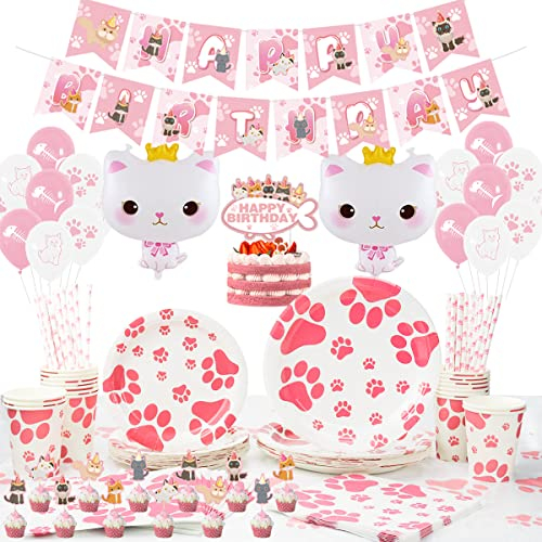 Ensemble de fournitures de fête d'anniversaire de Vaisselle chat - , comprend une bannière de joyeux anniversaire, des assiettes, une nappe, des tasses, des ballons, des pailles 24 Invités