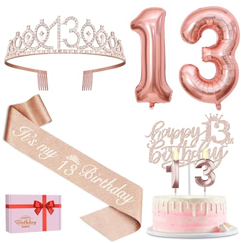 Amosking 13th Birthday Decorations Girls, Including 13th Birthday Sash and Tiara, Cake Topper and Candles, Rose Gold Number Balloons, 13 Year Old Gifts for Girls