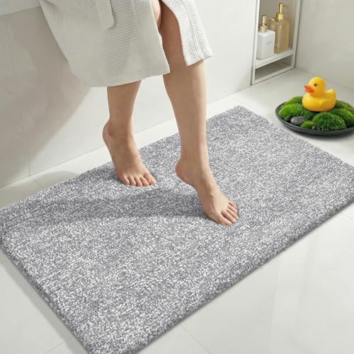 Yimobra Cushioned Anti-Fatigue Bathroom Rug, Bath Mat Non Slip Washable, Dense Soft Microfiber for Bathroom Sink, Shower, Tired Feet Comfort, Absorbent, 36 X 24, Grey and White