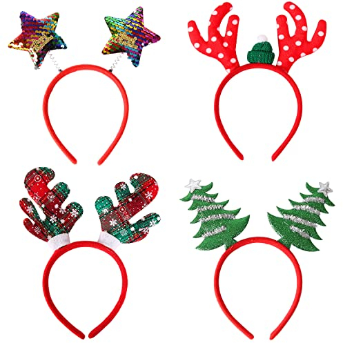 NOCHME Haarreif Weihnachten Für Erwachsene Und Kinder, 4 Stück Rentier, Sterne, Weihnachtsbaum, Kariert Einheitsgröße Haarschmuck Stirnbänder, Neuheit Xmas Mädchen Weihnachtsfeier Kopfschmuck Set
