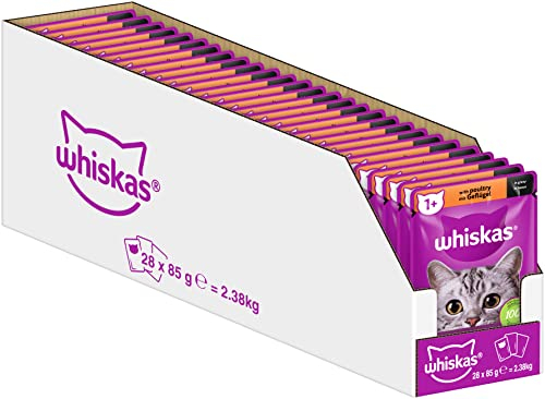 Whiskas 1+ Katzenfutter Geflügel in Sauce, 28x85g (1 Packung) – Hochwertiges Nassfutter für ausgewachsene Katzen in 28 Portionsbeuteln