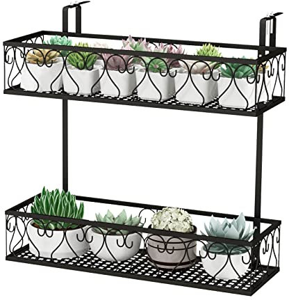 COSTWAY Support de Pot de Fleur Suspendu à 2 Niveaux Charge Total 30KG, Support de Plante de Balcon en Métal avec Crochets Réglables de 5,5-12,5CM, pour Patio Terrasse, Noir