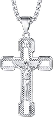 FaithHeart gravierbar Silber Edelstahl Christliche INRI Kreuz Kruzifix Anhänger Halskette für Männer - Retro Style Schmuck…