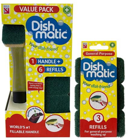 Fillable Washing Up Brush with Handle and 6X Replaceable Sponge Head Refills [Value Pack] Bundled with 3X General-Purpose Sponge Head Refills