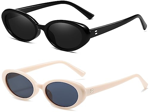 Breaksun Retro Oval Sonnenbrille für Damen Herren Mode Kleine Ovale Sonnenbrille 90er Vintage Shades, 2er-Pack (Schwarz/Grau + Beige/Grau), MM