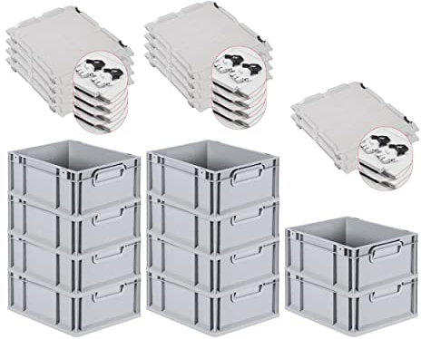 PROREGAL SuperSparSet 10x Eurobox NextGen Grip mit Scharnierdeckel und schwarzen Schiebeschnappverschlüssen, HxBxT 17x30x40cm, 16 L, Grau, Griffe geschlossen, Eurobehälter, Transportbox
