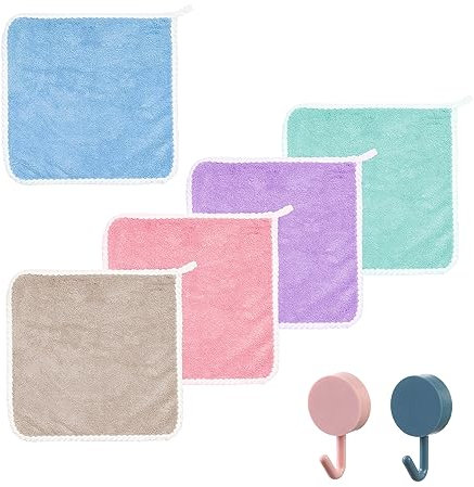 ATBUSS 5pcs Asciugamano Quadrato in Coral Fleece Tinta Unita Con 2 Ganci, Salvietta per Bambini, Panno Morbido per Il Viso in Flanella, Riutilizzabile per La Pulizia