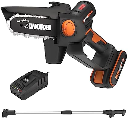 WORX 18V(20V MAX) NITRO Mini Motosega a Batteria 5 Pollici WG325E.1, con Asta di Prolunga da 125 cm, Motore Brushless, PowerShare, Motosega Elettrica, con Batteria e Caricabatterie