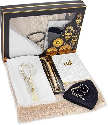 Gebet Geschenkbox für Hajj und Umrah, Muslimischer Gebetsteppich, islamische Matte, 99 & 33 Perlen Tesbih Yaseen Buch Miswak Hijab Islamisches Deluxe Set für Ramadan & Eid Geschenk Weiß