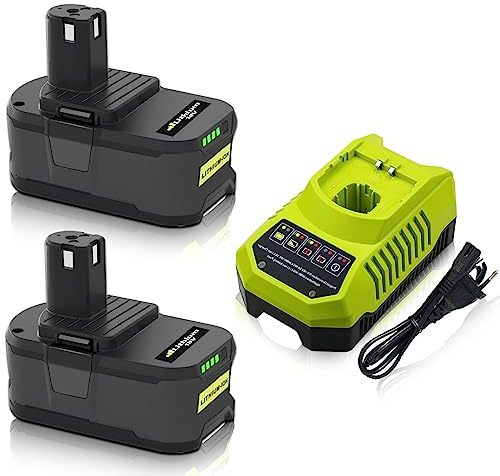 Powayup 2 X 18V 5Ah Remplacement pour Ryobi Batterie 18V P108 + 3A pour Ryobi Chargeur 9.6V-18V BCL14151H RB18L50 RB18L40 RB18L25 P108 P107 P122 P104 P105 P102 P103 avec indicateur LED