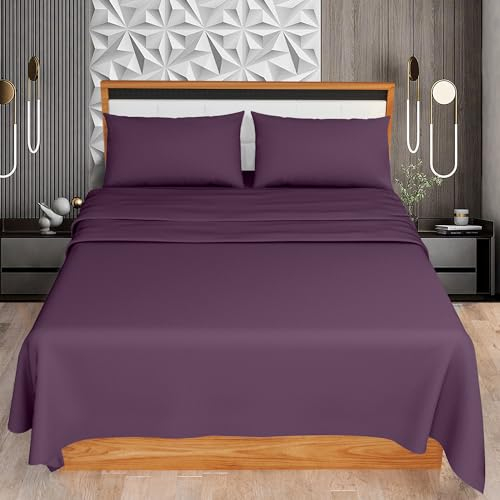 KOHSAR Plum King Bed Sheets - 4 Piece Set (Flat + Fitted + 2 Pillowcases) - Easy Iron, Poly Cotton Kingsize Set