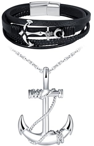 INFINIONLY Herren Edelstahl Anker Halsketten und Armbänder Schmuck-Sets Creative Ketten mit Anker Anhänger Mode Mehrlagiges Geflochtenes Leder Armband mit Anker und Edelstahl Schließe