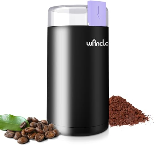 Kaffeemühle, Wancle Elektrische Kaffemühle für Bohnen & Gewürze, Edelstahl Klinge, Schüssel, leise Kaffeemühle mit sauberer Bürste mit einem Knopf für Grob- und Feinmühle (Schwarz+Lila)