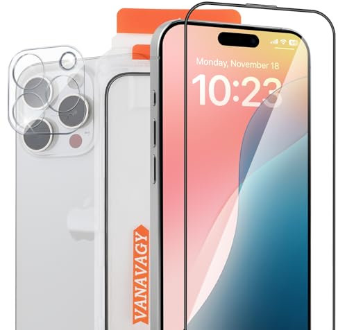 VANAVAGY Glass Screen Protector Kompatibel für iPhone 15 pro 6.1 Zoll [2 Pack][Kratzfest], Kamera Leans Protector enthalten, Film mit Rahmen Full Coverage Case für eine einfache Installation