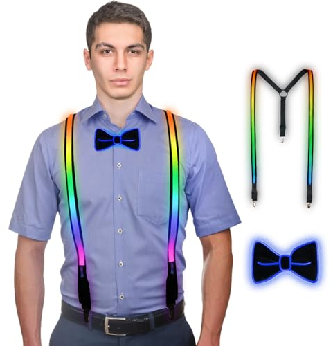 Silkwish Leuchtende Herren-LED-Hosenträger und Fliege, LED-Leucht-Hosenträger, für Musik Festival, Halloween-Kostümparty, Rave-Party (Farbe)……