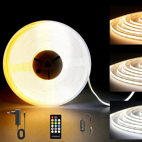 BERIXDEEP CCT COB LED Streifen 10m, Tunable White LED Strip mit Fernbedienung und Netzteil, CRI 90+, DC24V, Dimmbar 2700K, 4000K bis 6500K Dual Weiss für Raumdekoration