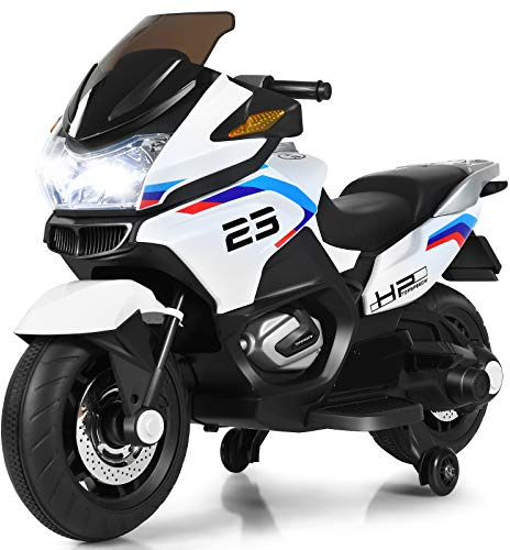 COSTWAY Kids Ride on Motorcycle, 12V Electric Ride On Bike with Training Wheels, LED Lights, Music, Forward/Backward Function, Battery Powered Motorbike for Boys Girls (White)