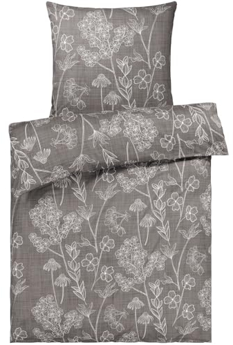 Pure Label Blumen Bettwäsche 135x200 cm mit einem Kissenbezug 80x80 cm - Traumhaft weiches Bettwäsche-Sets 135 x 200 cm in Taupe aus 100% Baumwolle mit YKK Reißverschluss