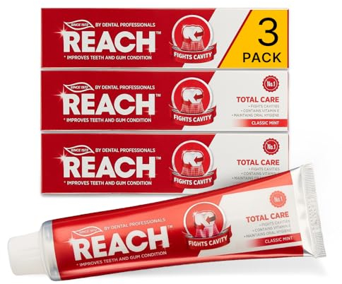[3er-Pack] Reach Total Care Zahnpasta 150g, Klassische Minze, Enthält Fluorid, 12 Stunden Frischer Atem, Bekämpft Karies, Stärkt Zahnfleisch, Entfernt Zahnbelag, Zahnpflege