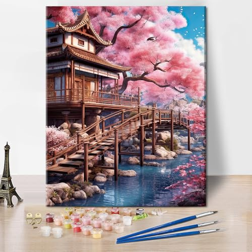 TISHIRON Malen nach Zahlen Erwachsene - Kirsche und Blüte Acrylmalerei Kit | DIY Leinwand seelandschaft, 40 x 50 cm rahmenlos, ölmalerei malerei mit pinseln, wanddekoration für zu hause