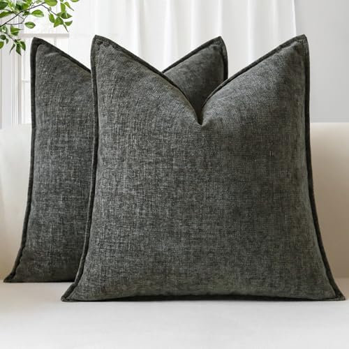 Sungeek 2er Set Chenille Kissenbezüge, Weich Dekorativ Zierkissenbezüge Umwickelte Kante Kissenbezug Dekokissen Deko Bezug Einfarbig Kissenhülle für Sofa Schlafzimmer Wohnzimmer (60x60cm, Dunkelgrau)