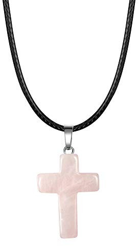 Natural Rose Quartz Crystal Necklace Cross Gemstone with Black Leather Cord Pendant Necklace Reiki Healing Crystal Necklace Chakra Jewelry Gift for Women Men