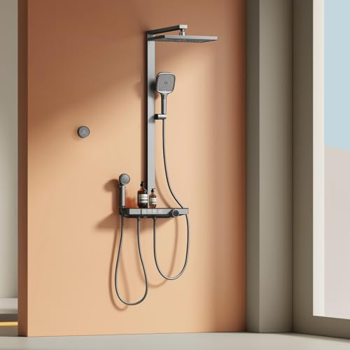 EMKE Colonne de Douche Thermostatique,Anthracite Mate, 4 en 1: Pommeau de Douche, Douchette Enfant, Bec Cascade. Filtration, Préréglage, Affichage Numérique. Design Moderne pour Salle de Bain