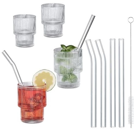 Relaxdays Vasos para Cubata, Set de 4, con Pajitas, Vidrio con Rayas, Aptos para Lavavajillas, 210 ml, Transparentes
