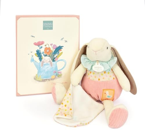 Doudou et Compagnie - LAPIN CIBOULETTE - Doudou Pantin avec Mouchoir Plat Blanc - Idée Cadeau Pour Enfants dès la Naissance - 28 cm - Avec Boîte Cadeau pour Offrir - Garandtie Doudou Perdu - DC4208
