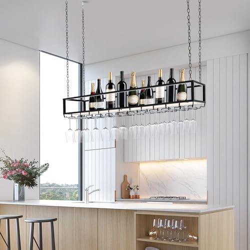 TFIANYNI Deckenregal Hängend Schwarz Metall Weinregal Hängend Mit Glashalter Und Regal, Höhenverstellbare Retro Dekoration Regal Mit Kette, Für Bars/Restaurants/Küchen (L: 120cm)