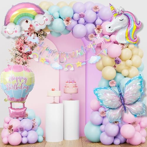 Einhorn Geburtstagsdeko Mädchen, Schmetterling Geburtstag Deko, Einhorn Deko Kindergeburtstag, 1-10 Jahre Happy Birthday Deko, Einhorn Luftballons für Geburtstag Mädchen Deko