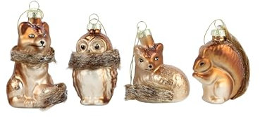 Glaskugel 4er Set Waldtiere Tiere Fuchs-Eichhörnchen-Eule Motivkugeln Kugeln Anhänger Glas Christbaumschmuck Christbaumkugeln
