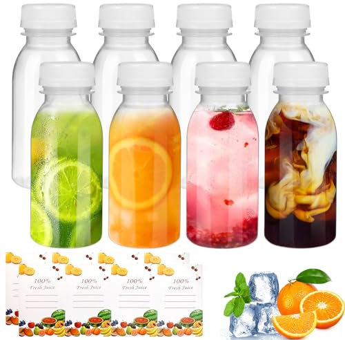 Botellas vacías reutilizables de 200 ml, 8 botellas de plástico con tapas, botellas de jugo de plástico, botellas de leche transparentes, botellas de plástico transparente con 2 calcomanías, botellas