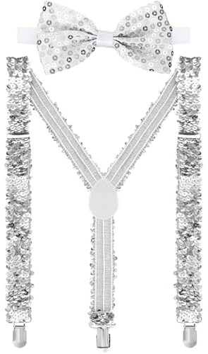 Jadive 2 Pcs Pailletten Hosenträger Set Y Clip mit Glitzer Fliege Krawatte Schleife Kostümzubehör für Disco Karneval Halloween Mottoparty