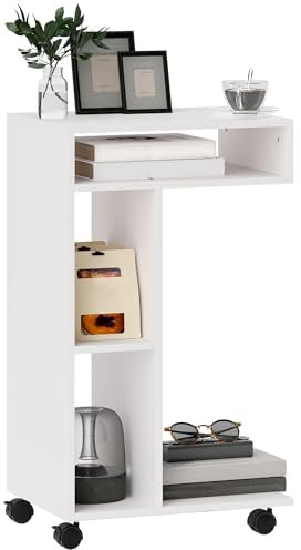 HOMCOM Multifunktionaler Beistelltisch in C-Form, Couchtisch mit Rollen, offenen Fächern, Seitentisch für Sofa, Wohnzimmer, Schlafzimmer, Büro, 40 x 30 x 69 cm, Weiß