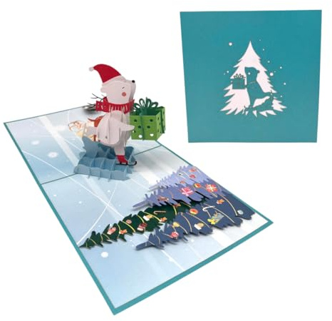 3D Pop-Up Weihnachtskarte mit Eisbär, Geschenke und Tannenbaum, Türkis