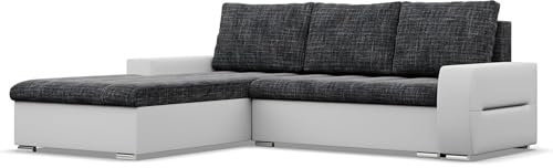 Mebligo - Ecksofa mit Schlaffunktion und Bettkasten Aurora, Eckcouch mit Ottomane Links, Sofa L Form (BxTxH) 243 x 200 x 92 cm, Couch Wohnzimmer, Ecke Sofa, Schwarz + Grau (Samt und Kunstleder)