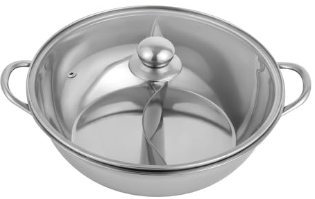 Qussse Edelstahl Hot Pot, 28cm Kochtöpfe mit Trennwand Shabu Topf mit Glasdeckel Topf mit 2 Kammern für Induktionsherde, Gasherde, Keramikherde und Backöfen