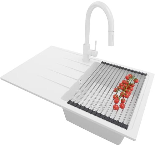 PRIMAGRAN Fregadero Granito Todo Blanco 78x50cm, Cocina 1 Seno + Grifo 40x20cm + Sifón + Enrollable Escurridor, Sobre encimera al mueble 45cm - Milano