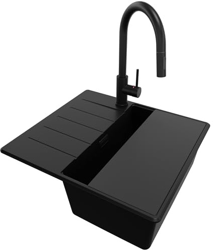PRIMAGRAN Granitspüle ab 40er Unterschrank + Küchenarmatur, 55x50cm | Set: Küchenarmatur BW9010 + Ablauf-Set + Schneidebrett + Spülbecken 1 Becken - Kopenhagen Top, Alles Schwarz