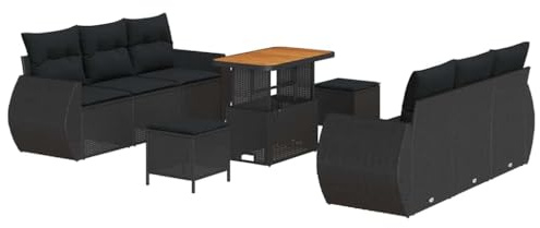 vidaXL 9-teiliges Gartensofa-Set mit Kissen in Schwarz aus Poly-Rattan und Akazie – Modulare Sitzgelegenheiten für entspannte Momente im Garten, auf der Terrasse oder im Patio.