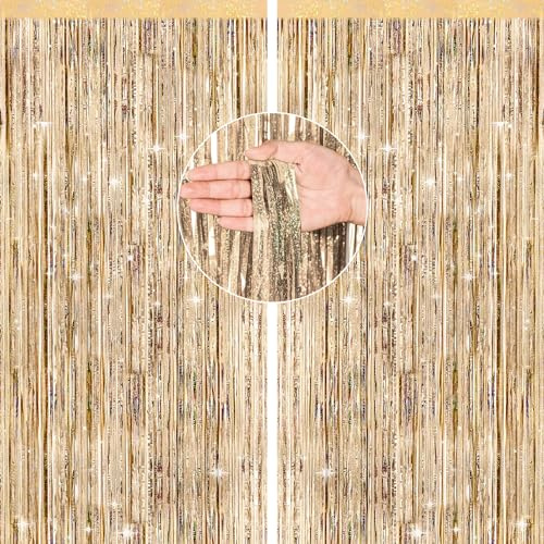 jijAcraft Champagne Gold Tinsel Curtain: 2pcs Glitter Metallic Foil Fringe Curtain Backdrop with 5M String, 1m×2.5m Party Streamers Backdrop for Birthday, Wedding, Anniversary, Christmas